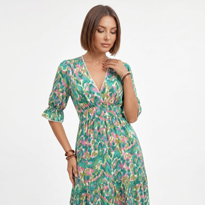 Anna-Kaci Women's Printed Midi Dress with V Neckline Smocked Waist and Tiered Skirt