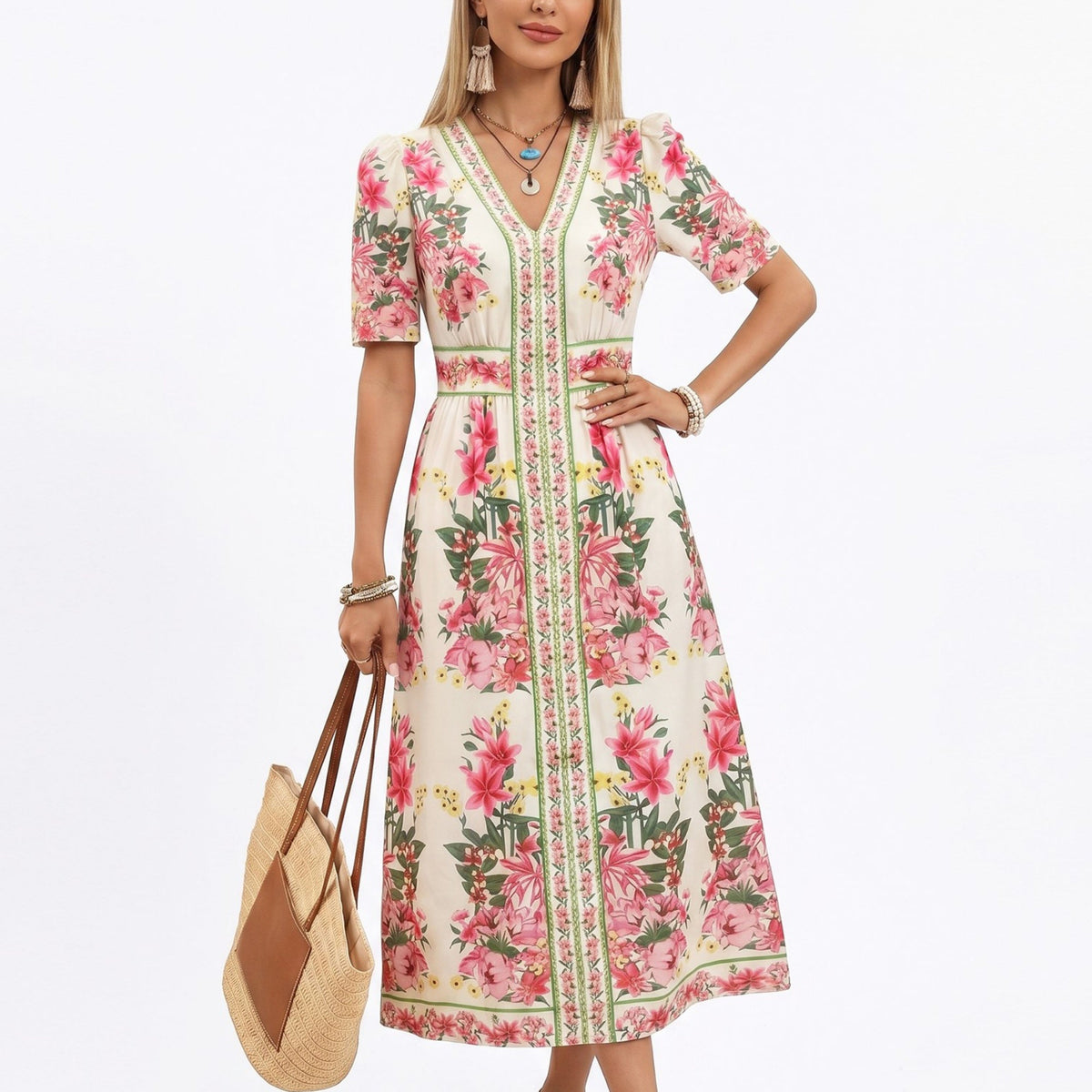 Anna-Kaci Women's Floral Midi Dress with V Neckline Short Puff Sleeves and Waist Detail