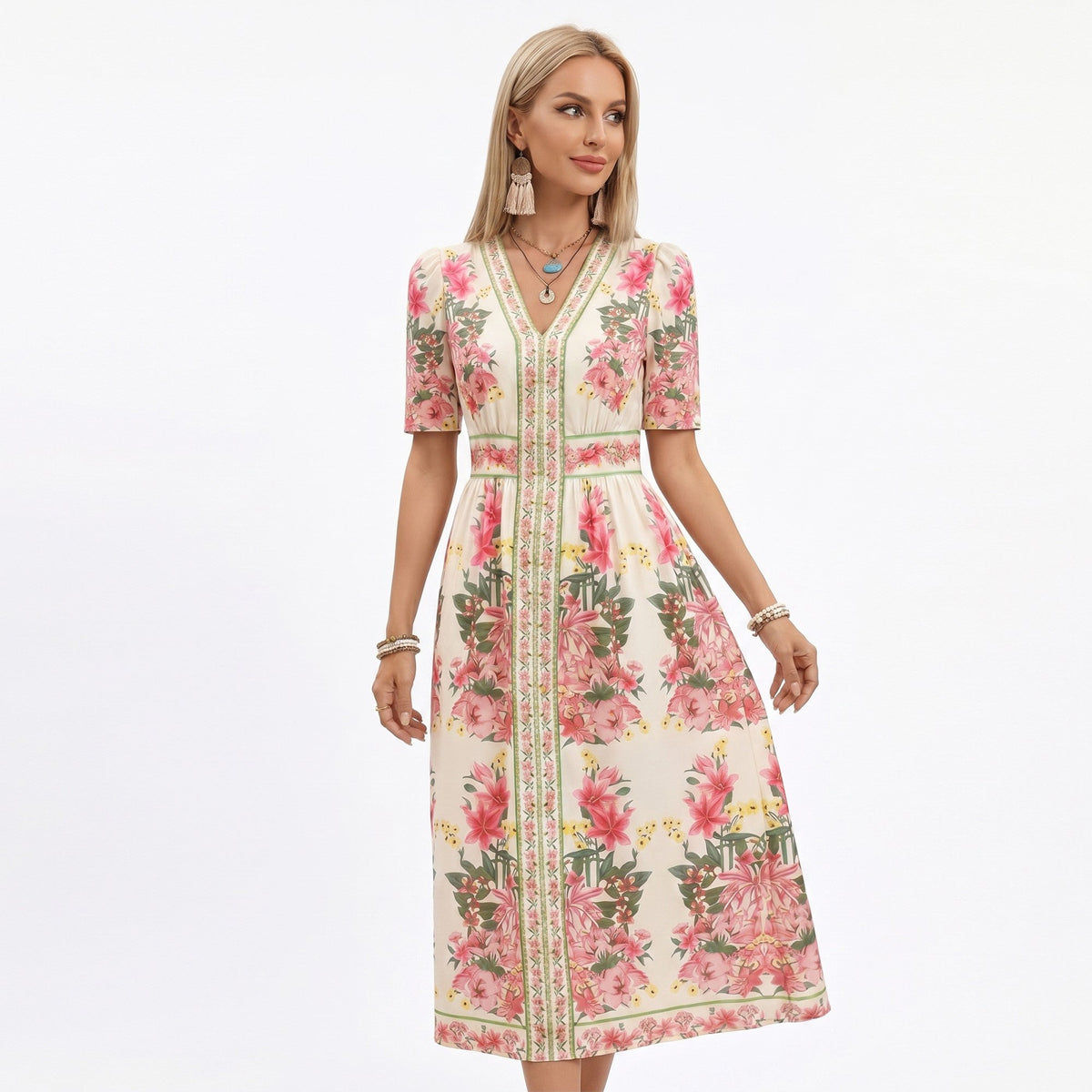 Anna-Kaci Women's Floral Midi Dress with V Neckline Short Puff Sleeves and Waist Detail