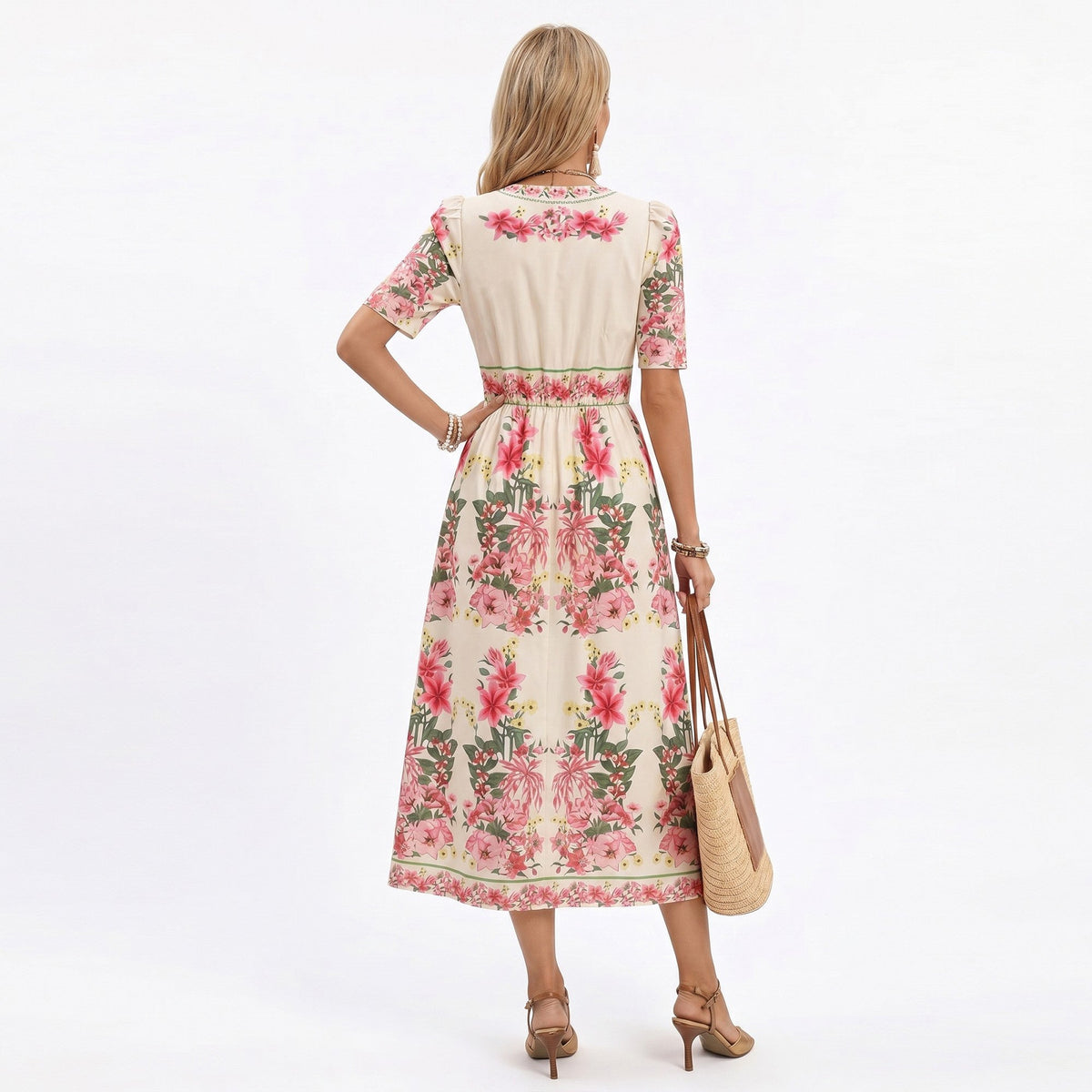 Anna-Kaci Women's Floral Midi Dress with V Neckline Short Puff Sleeves and Waist Detail