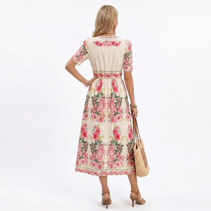 Anna-Kaci Women's Floral Midi Dress with V Neckline Short Puff Sleeves and Waist Detail