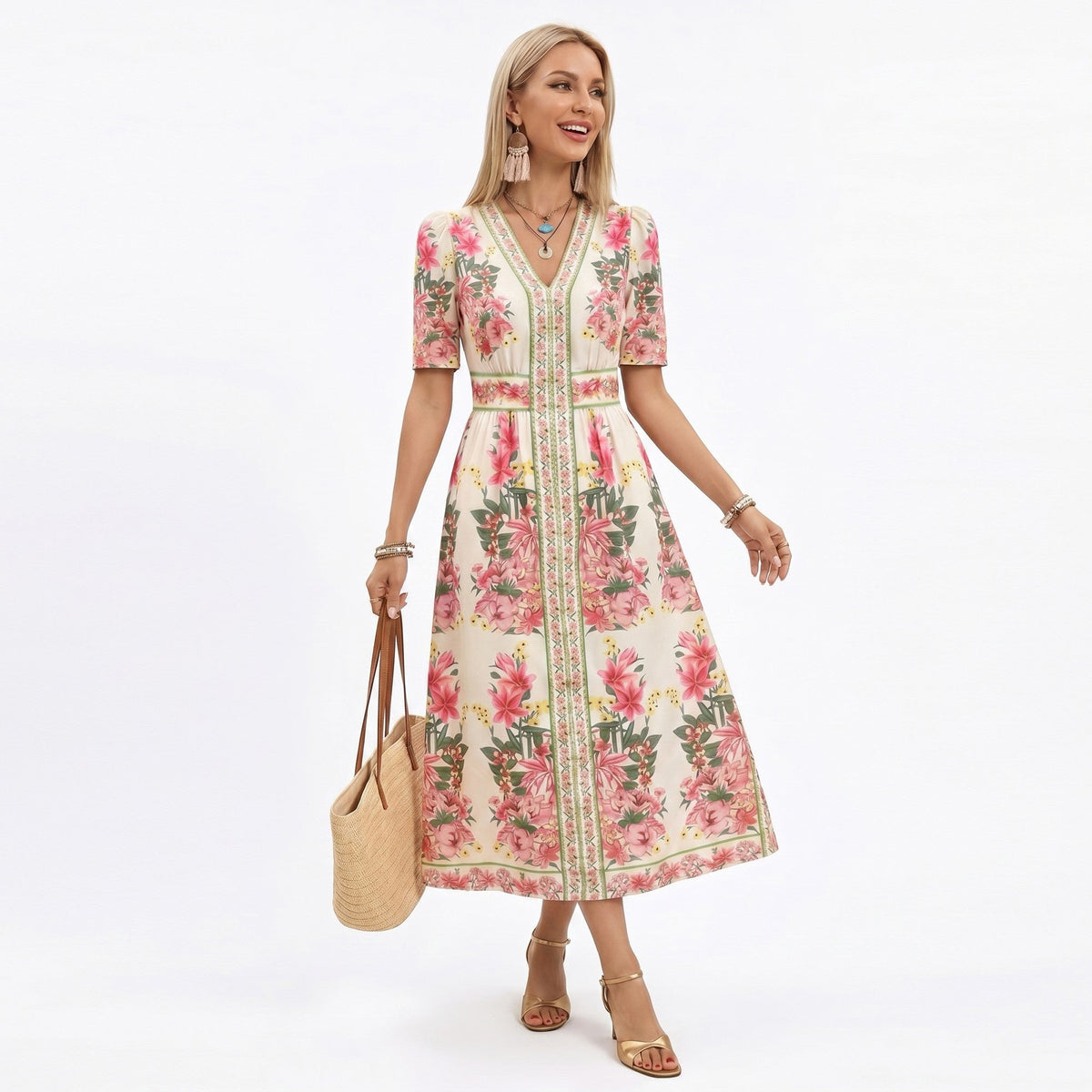 Anna-Kaci Women's Floral Midi Dress with V Neckline Short Puff Sleeves and Waist Detail