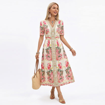 Anna-Kaci Women's Floral Midi Dress with V Neckline Short Puff Sleeves and Waist Detail