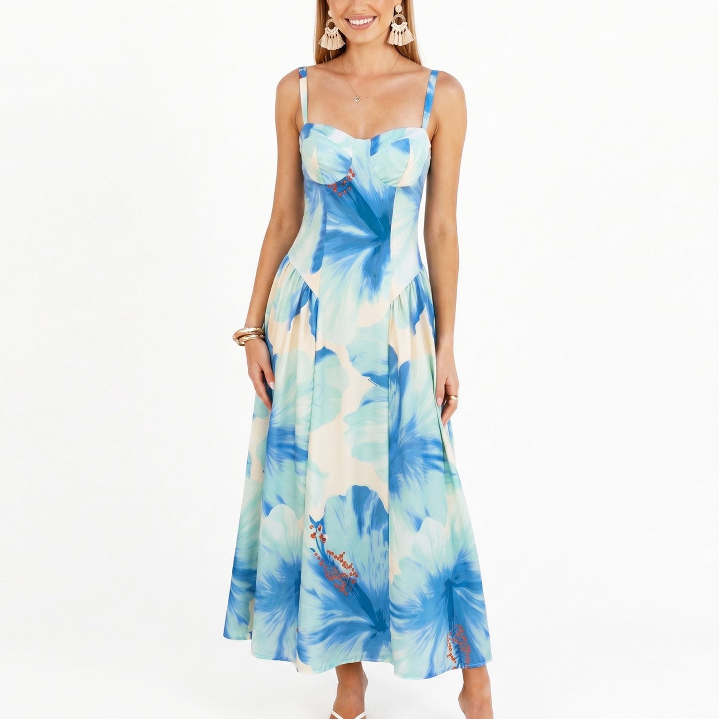 Anna-Kaci Women's Floral Maxi Dress with Sweetheart Bodice and Smocked Back