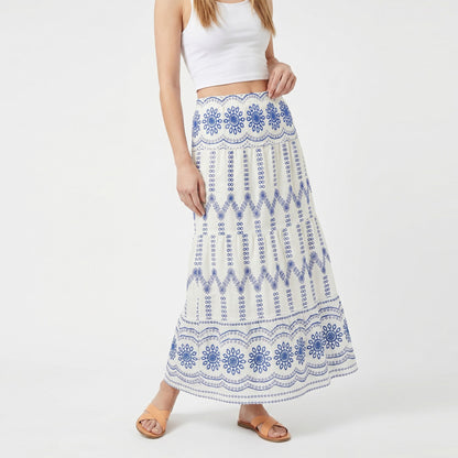Anna-Kaci Women's Embroidered Maxi Skirt with Tiered A Line Silhouette and Border Detail