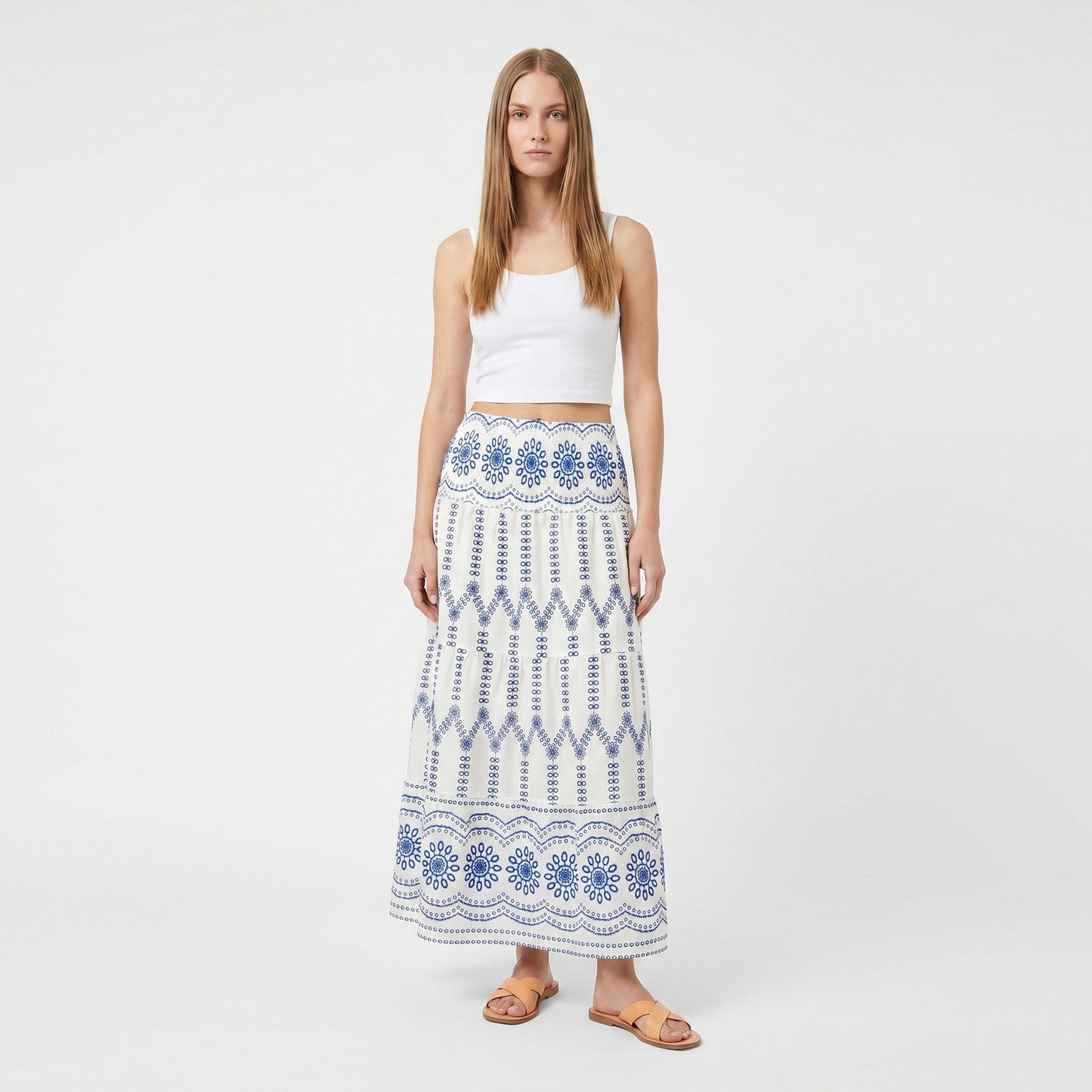 Anna-Kaci Women's Embroidered Maxi Skirt with Tiered A Line Silhouette and Border Detail