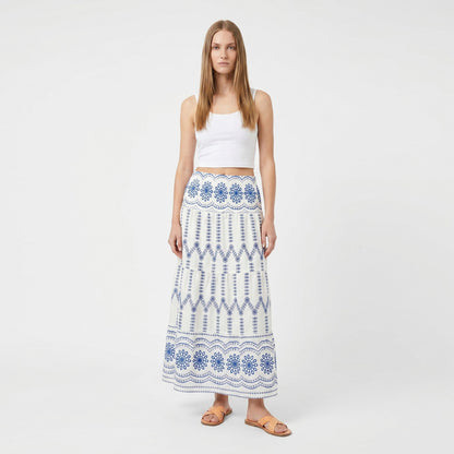 Anna-Kaci Women's Embroidered Maxi Skirt with Tiered A Line Silhouette and Border Detail