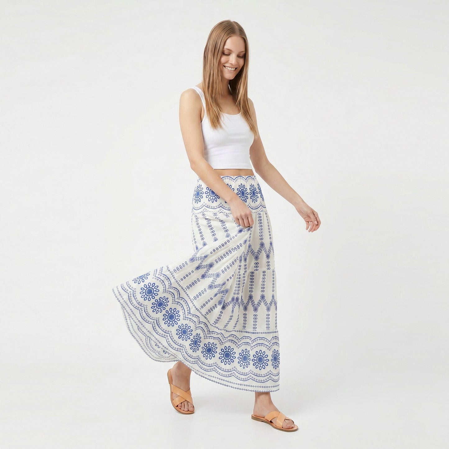 Anna-Kaci Women's Embroidered Maxi Skirt with Tiered A Line Silhouette and Border Detail