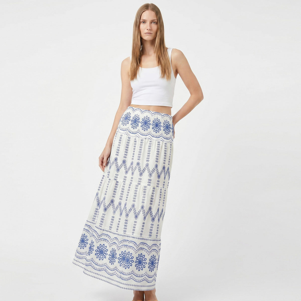 Anna-Kaci Women's Embroidered Maxi Skirt with Tiered A Line Silhouette and Border Detail