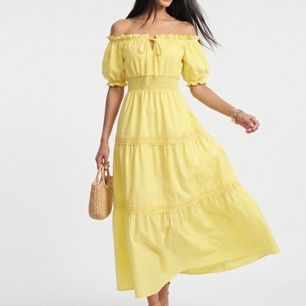 Anna-Kaci Women's Off Shoulder Maxi Dress with Smocked Waist and Tiered Skirt