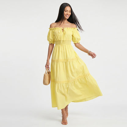 Anna-Kaci Women's Off Shoulder Maxi Dress with Smocked Waist and Tiered Skirt