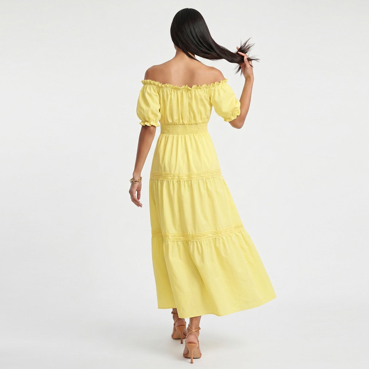 Anna-Kaci Women's Off Shoulder Maxi Dress with Smocked Waist and Tiered Skirt