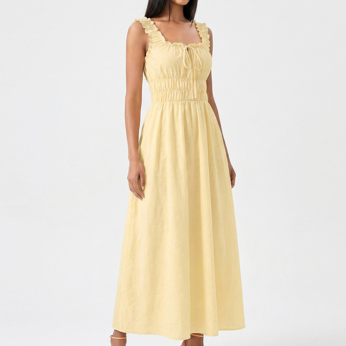 Anna-Kaci Women's Smocked Maxi Dress with Ruffle Straps and Tie Front Neckline