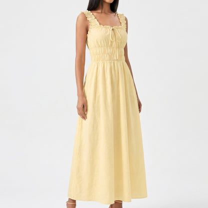 Anna-Kaci Women's Smocked Maxi Dress with Ruffle Straps and Tie Front Neckline