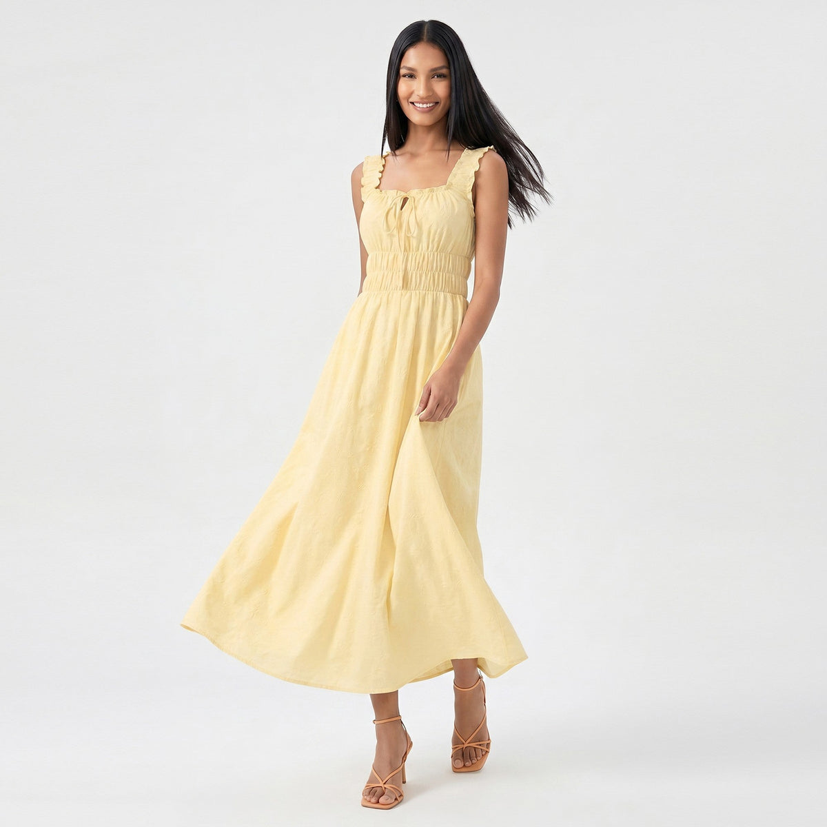 Anna-Kaci Women's Smocked Maxi Dress with Ruffle Straps and Tie Front Neckline