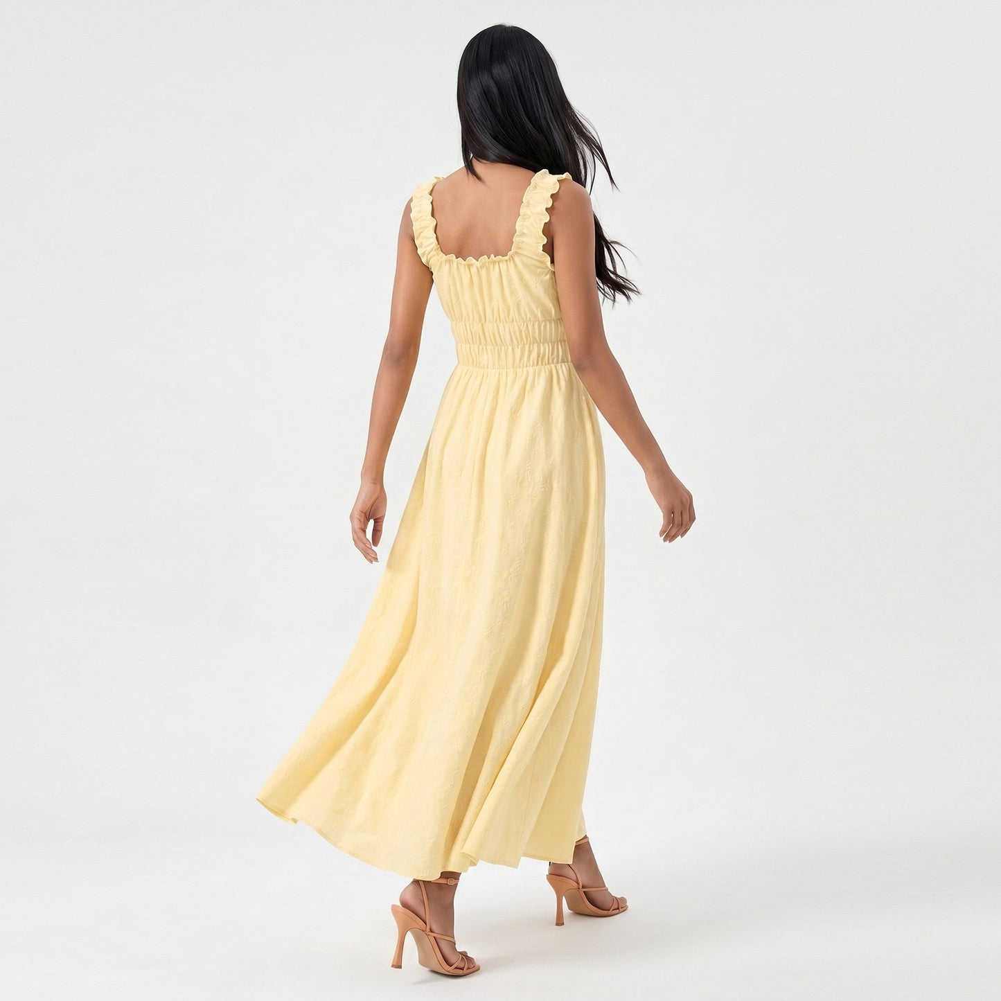 Anna-Kaci Women's Smocked Maxi Dress with Ruffle Straps and Tie Front Neckline