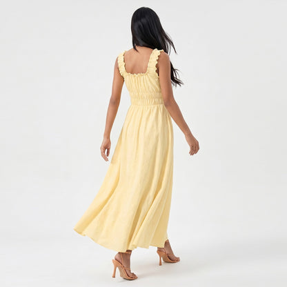 Anna-Kaci Women's Smocked Maxi Dress with Ruffle Straps and Tie Front Neckline