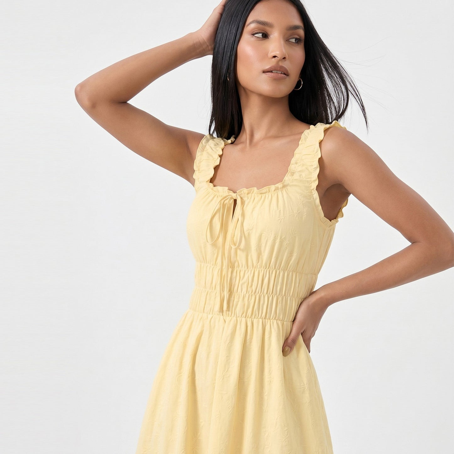 Anna-Kaci Women's Smocked Maxi Dress with Ruffle Straps and Tie Front Neckline