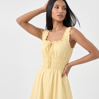 Anna-Kaci Women's Smocked Maxi Dress with Ruffle Straps and Tie Front Neckline