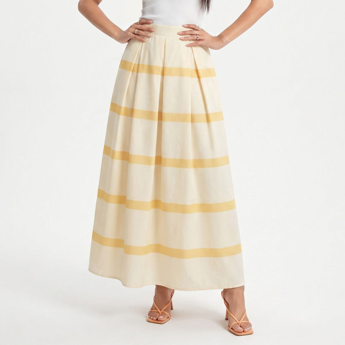 Anna-Kaci Women's Striped Maxi Skirt with Pleated Waist and A Line Silhouette
