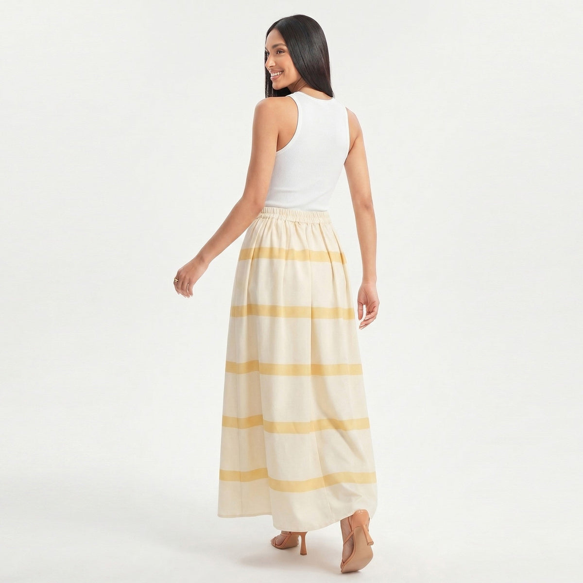 Anna-Kaci Women's Striped Maxi Skirt with Pleated Waist and A Line Silhouette