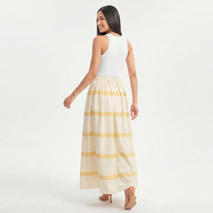 Anna-Kaci Women's Striped Maxi Skirt with Pleated Waist and A Line Silhouette