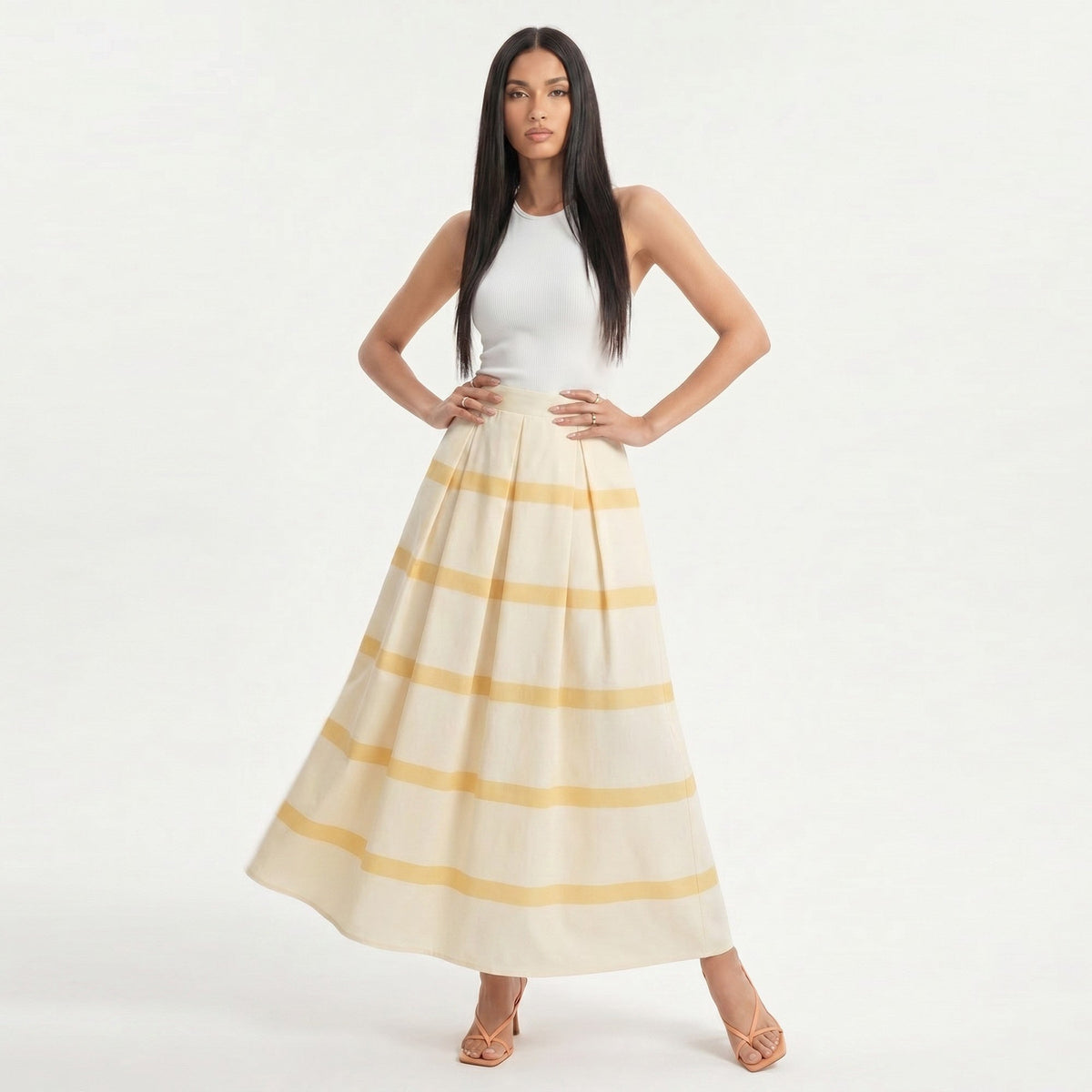 Anna-Kaci Women's Striped Maxi Skirt with Pleated Waist and A Line Silhouette