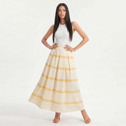 Anna-Kaci Women's Striped Maxi Skirt with Pleated Waist and A Line Silhouette
