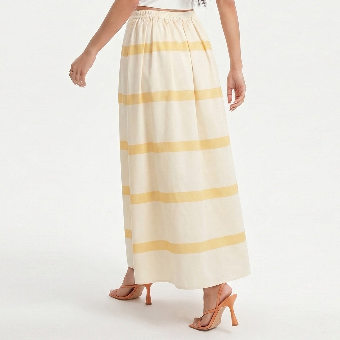 Anna-Kaci Women's Striped Maxi Skirt with Pleated Waist and A Line Silhouette