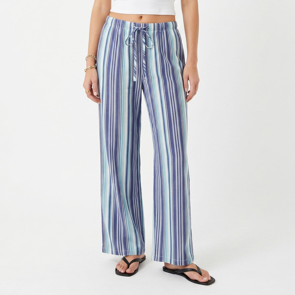 Anna-Kaci Women's Striped Wide Leg Pants with Drawstring Waist