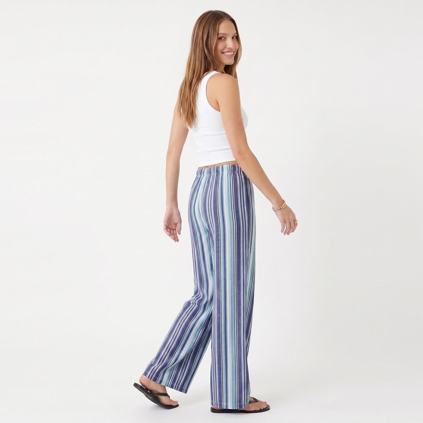 Anna-Kaci Women's Striped Wide Leg Pants with Drawstring Waist