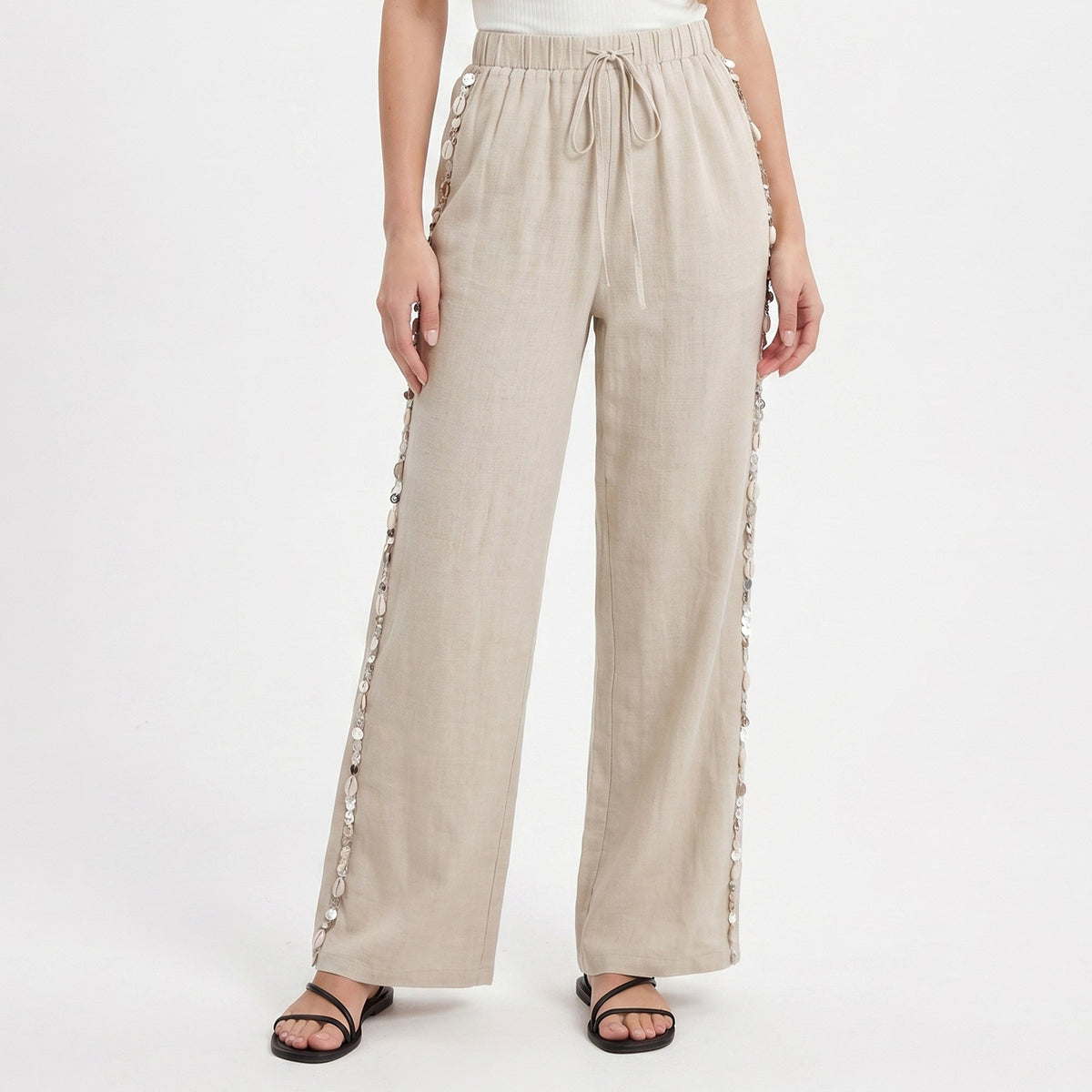 Anna-Kaci Women's Wide Leg Pants with Drawstring Waist and Side Sequin Trim