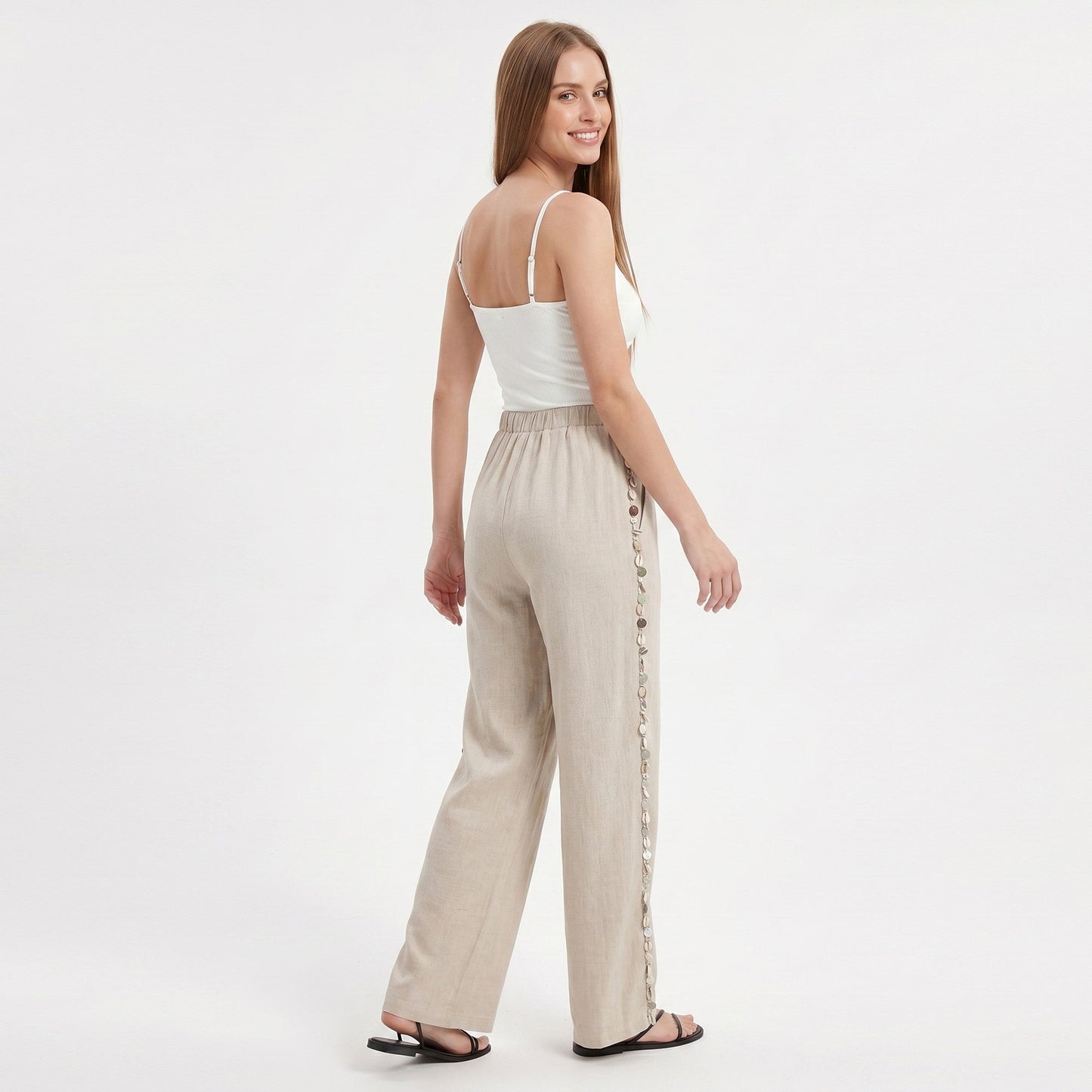 Anna-Kaci Women's Wide Leg Pants with Drawstring Waist and Side Sequin Trim