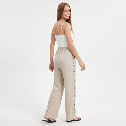 Anna-Kaci Women's Wide Leg Pants with Drawstring Waist and Side Sequin Trim