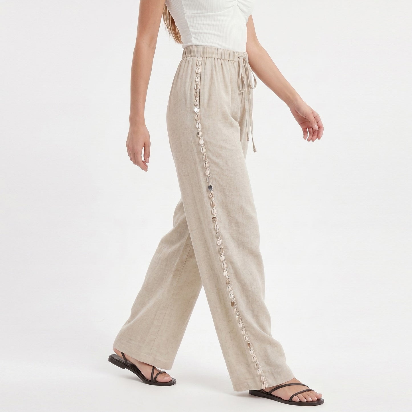 Anna-Kaci Women's Wide Leg Pants with Drawstring Waist and Side Sequin Trim