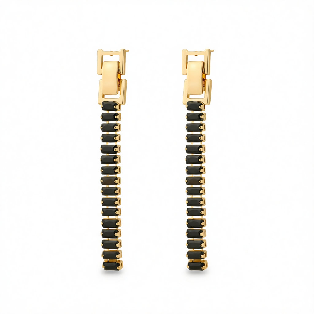 Black Crystal & Goldtone Belt Drop Earrings
