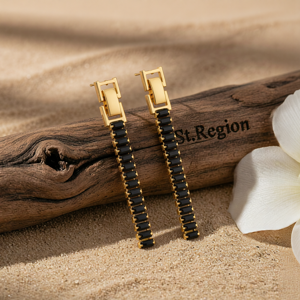 Black Crystal & Goldtone Belt Drop Earrings