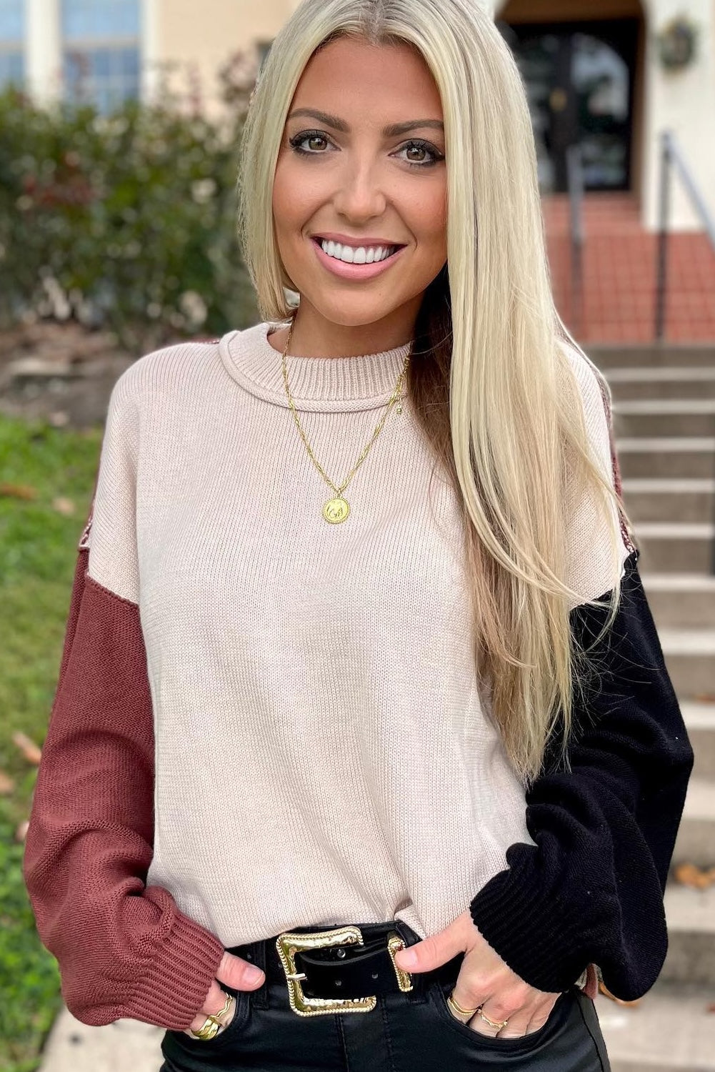 Threaded Pear Aspen Bishop Sleeve Ribbed Trim Sweater
