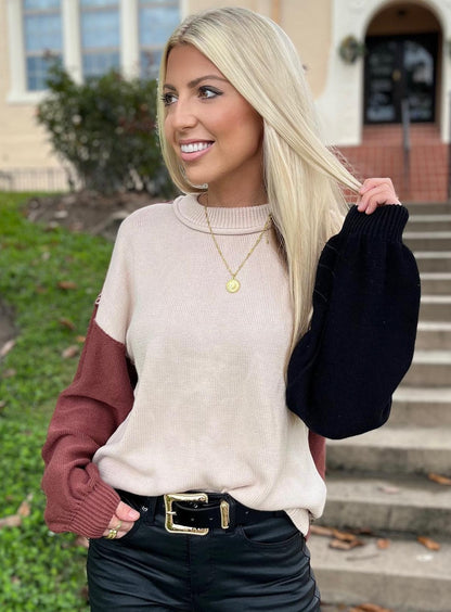 Threaded Pear Aspen Bishop Sleeve Ribbed Trim Sweater