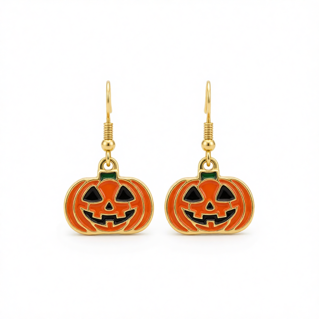 Orange Enamel & Goldtone Smiling Jack-O'-Lantern Drop Earrings