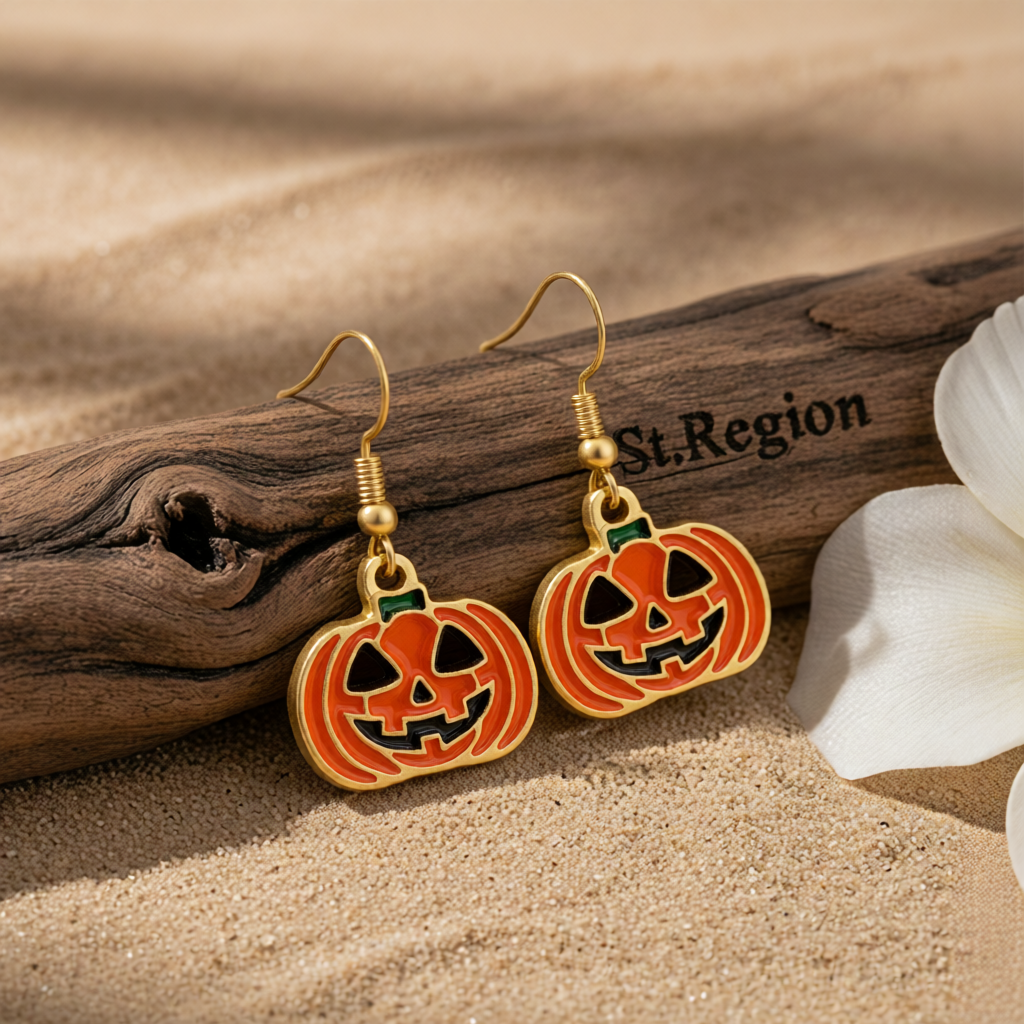 Orange Enamel & Goldtone Smiling Jack-O'-Lantern Drop Earrings