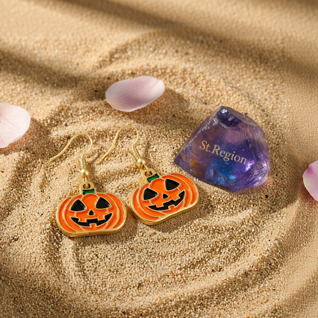 Orange Enamel & Goldtone Smiling Jack-O'-Lantern Drop Earrings