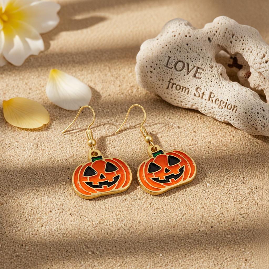 Orange Enamel & Goldtone Smiling Jack-O'-Lantern Drop Earrings