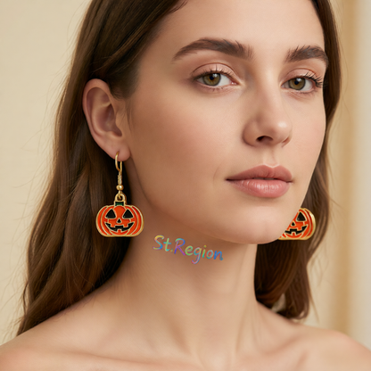 Orange Enamel & Goldtone Smiling Jack-O'-Lantern Drop Earrings