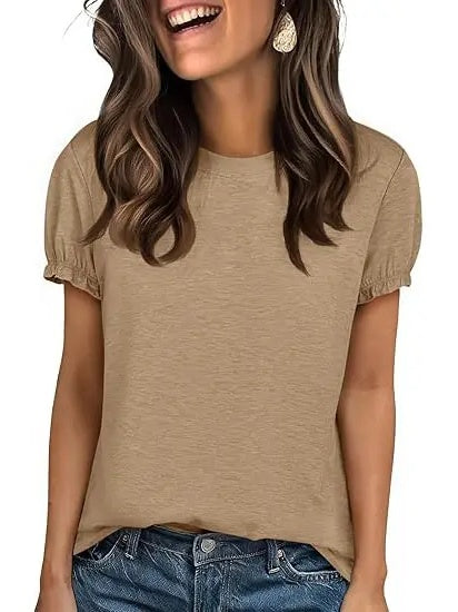Women's Crew Neck Puff Sleeve Casual T-Shirt