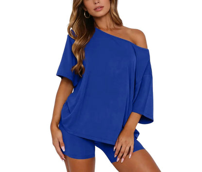 Off Shoulder Loose Top & High Waist Shorts Loungewear Set