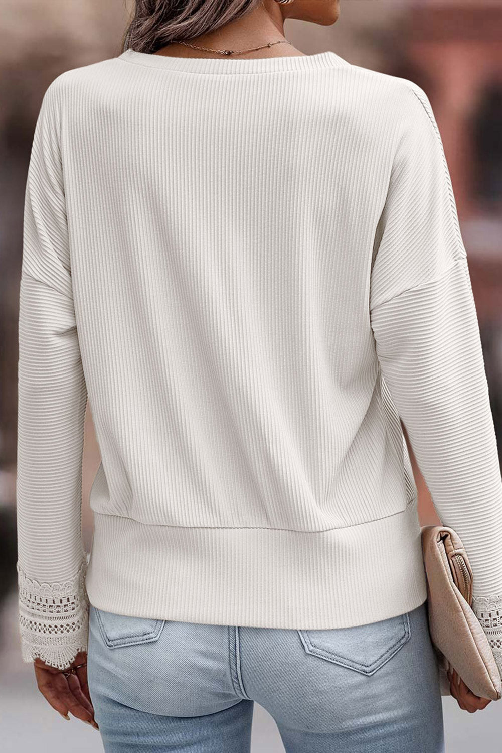Threaded Pear Lola Ribbed Texture Lace Trim V Neck Long Sleeve Top