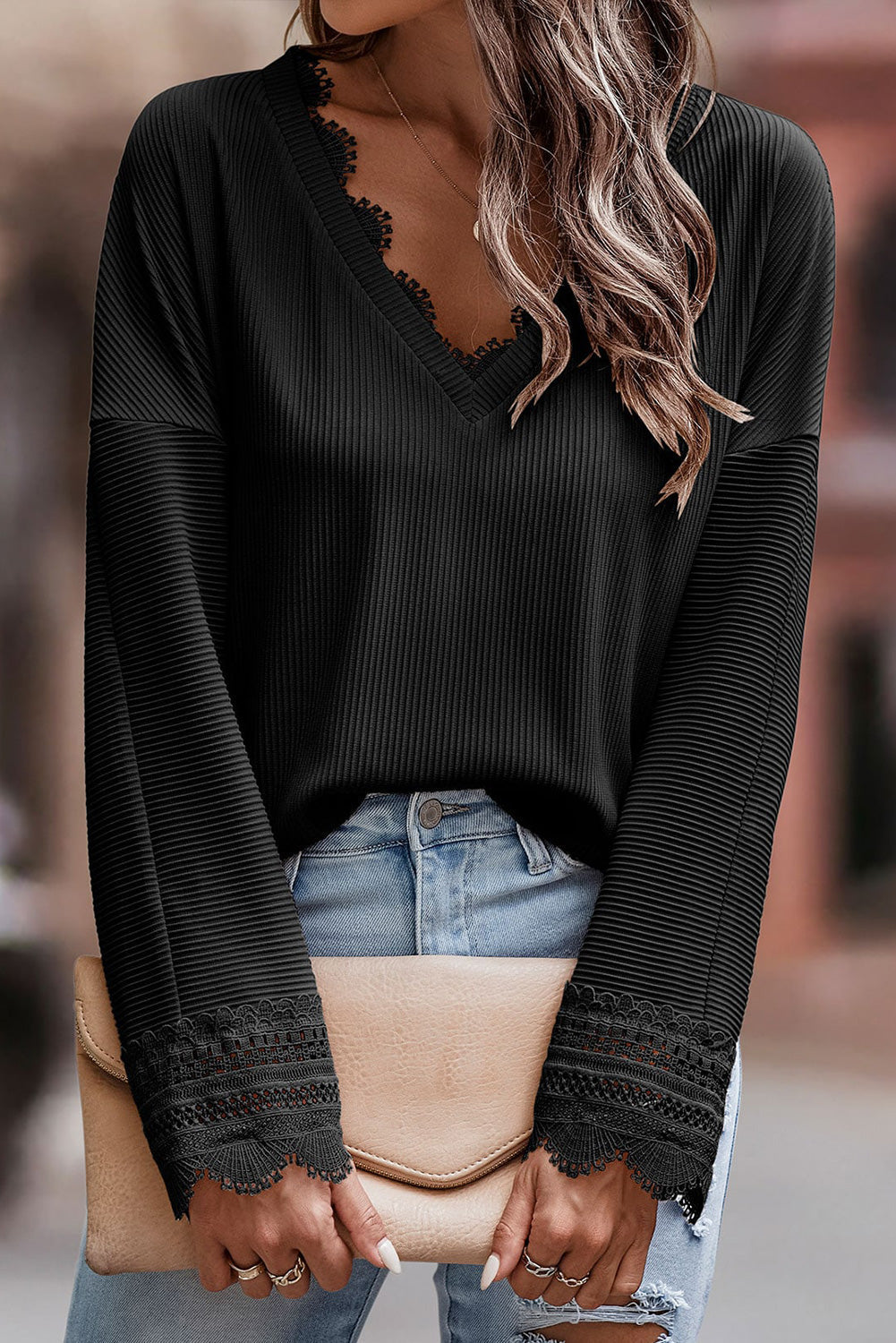 Threaded Pear Lola Ribbed Texture Lace Trim V Neck Long Sleeve Top