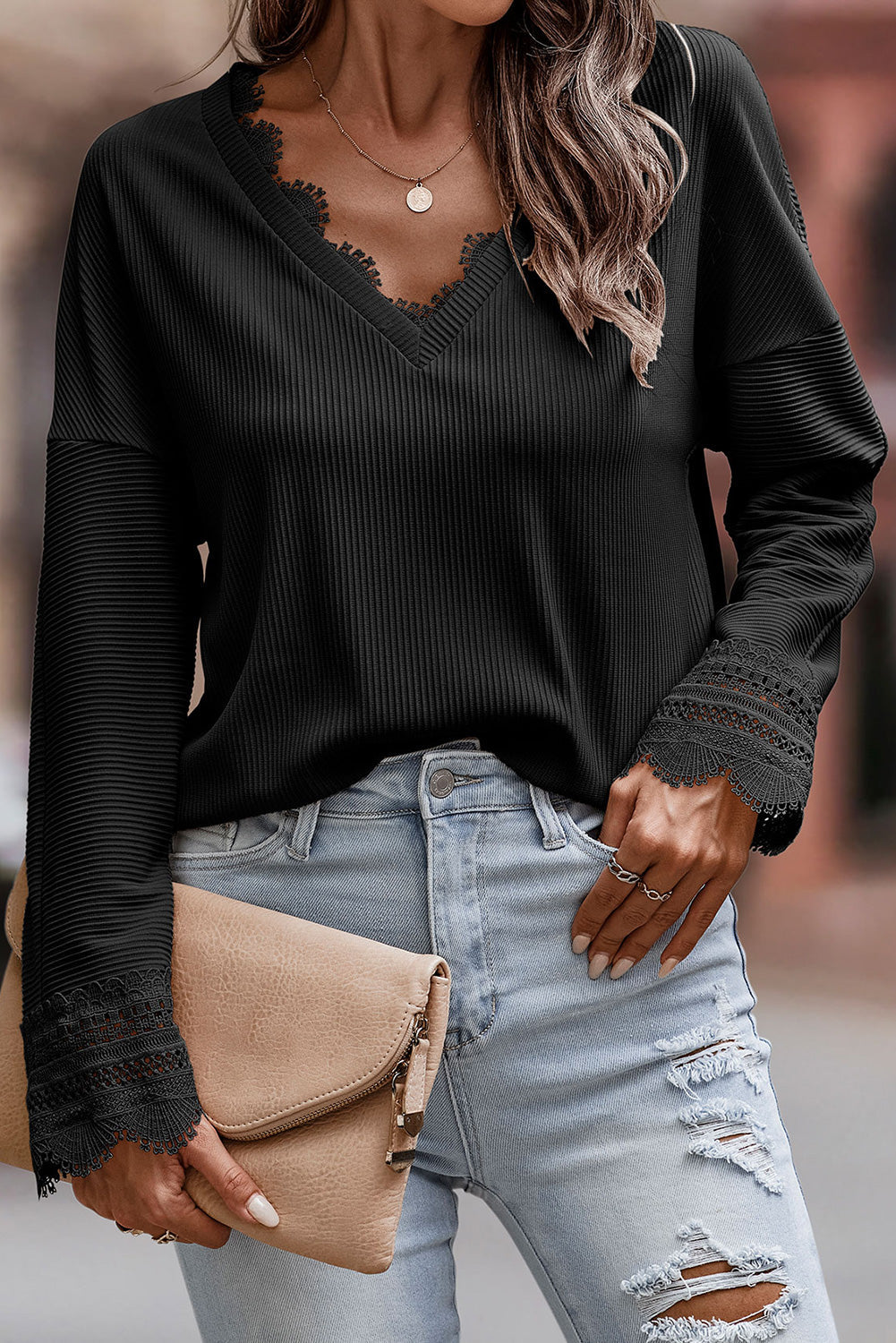 Threaded Pear Lola Ribbed Texture Lace Trim V Neck Long Sleeve Top