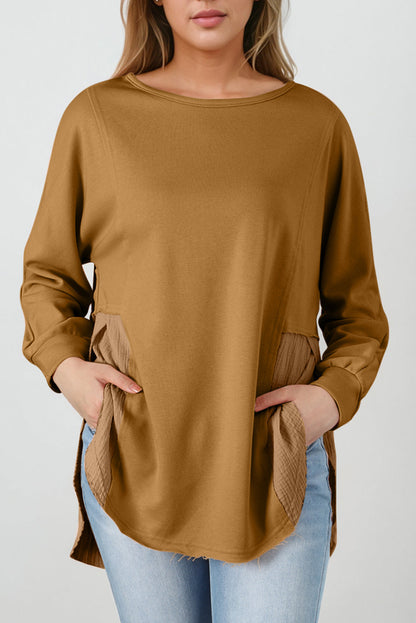 Threaded Pear Dahlia Crinkle Splicing Raw Hem High Low Oversized Blouse
